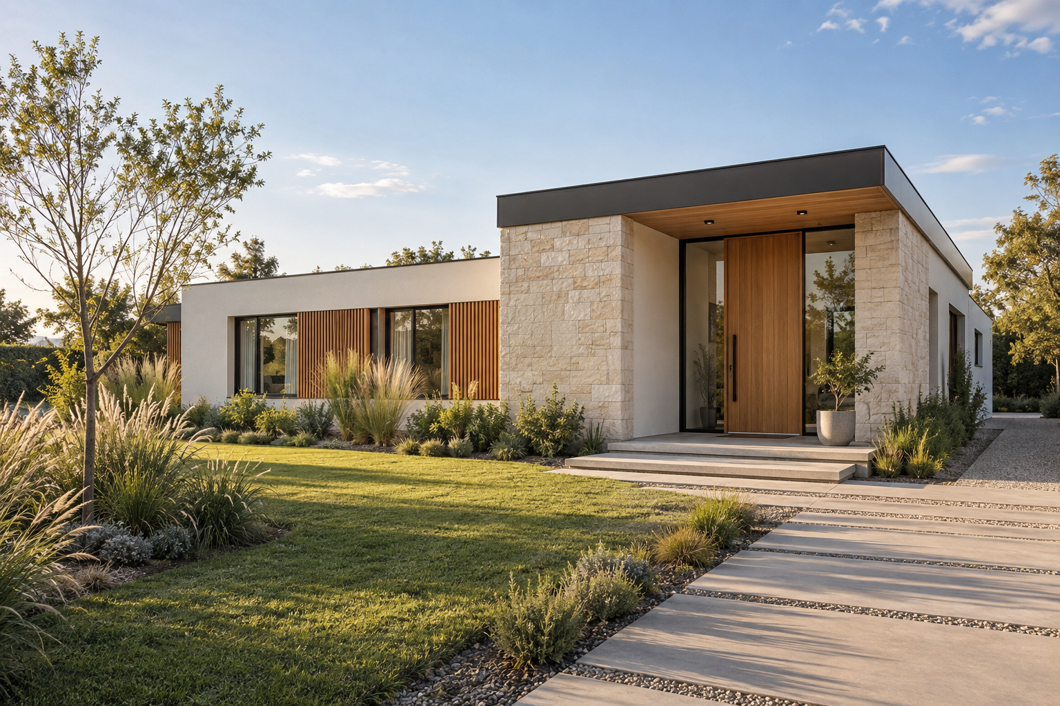 Concepto ilustrativo de vivienda contemporánea con piedra clara y detalles en madera